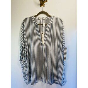 Mustard Seed Blue & White Striped Oversized Blouse With Ruched Sleeves small